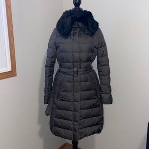 London fog heritage XS winter/fall jacket green/gray with faux fur and belt.